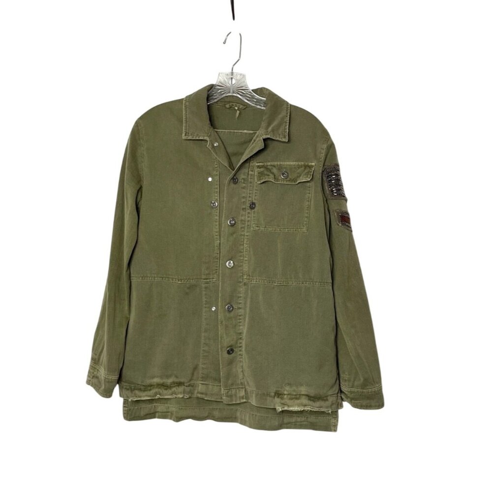 Free People Embellished Military Shirt Jacket Army Green Herringbone Jacket XS